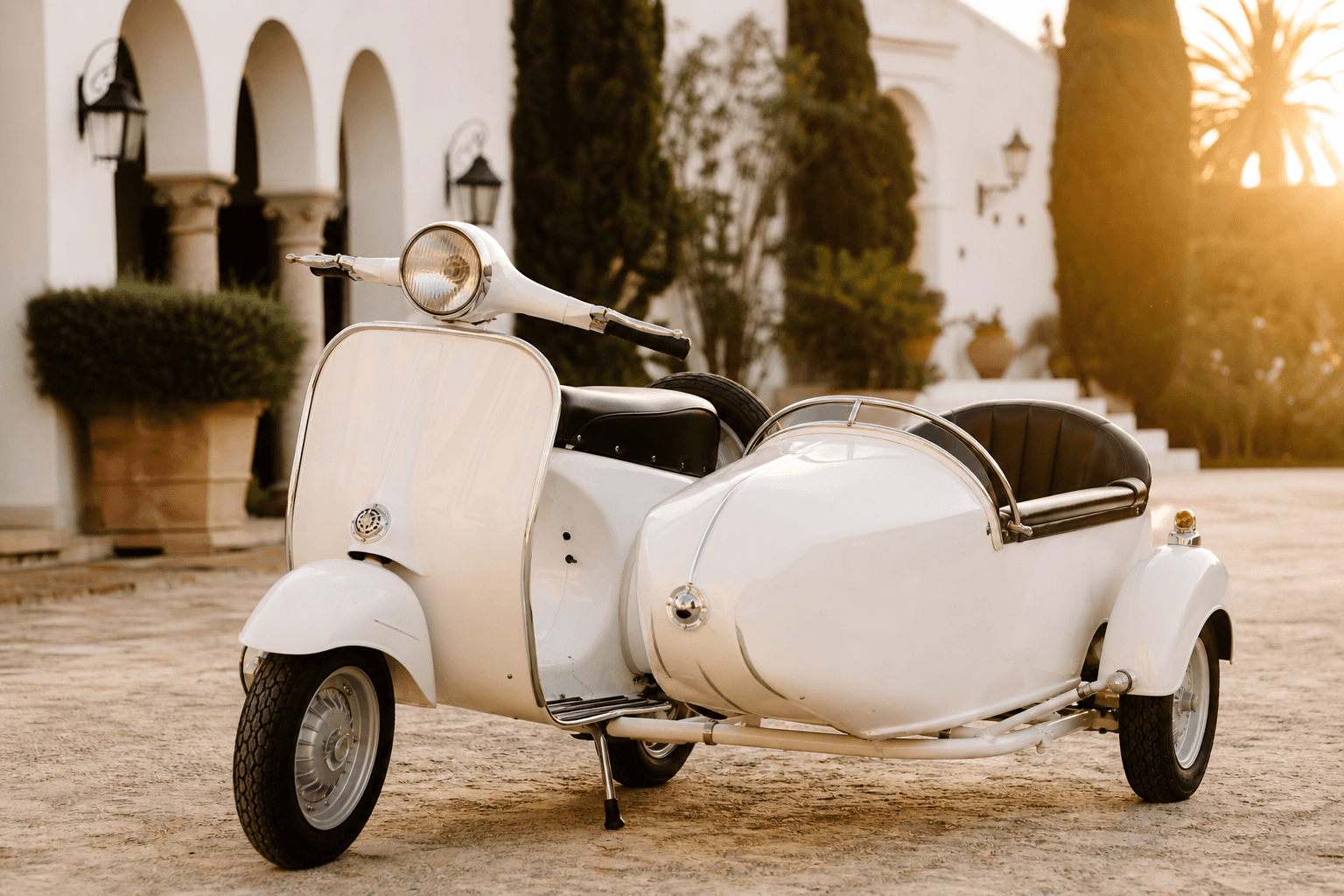 Vespa clásica con sidecar para bodas